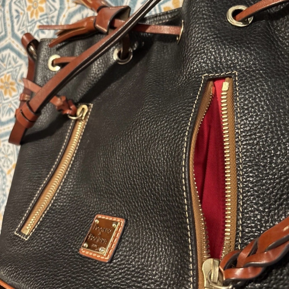 Dooney & Bourke Black Pebbled Leather Drawstring Bucket Bag with Brown Trim - Picture 5 of 11